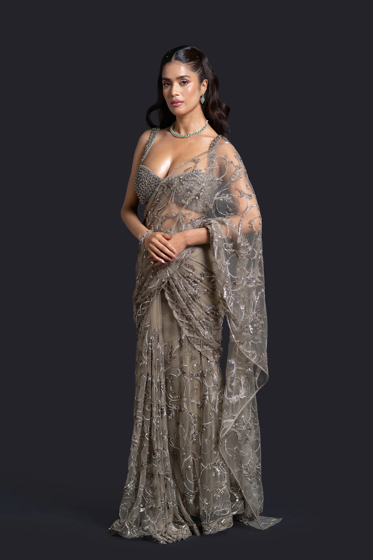 Olive Green Drape Saree with Sequin Embellishment for Indo-Western Occasion Wear by Nidhi Mehra Couture