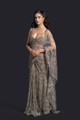 Olive Green Drape Saree with Sequin Embellishment for Indo-Western Occasion Wear by Nidhi Mehra Couture