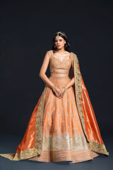 Orange Raw Silk Bridal Lehenga with Dabka and Sequin Embroidery for Reception Wear by Aahana's by Nidhi Mehra