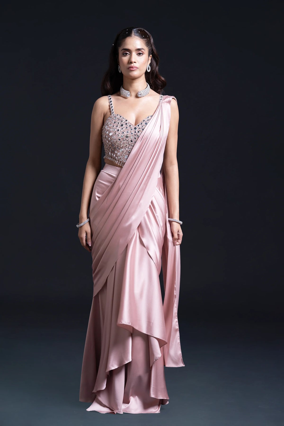 Pink Drape Saree with Mirror Work and Pearl Work Embroidery for Indo-Western Occasion Wear by Nidhi Mehra Couture