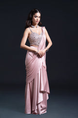 Pink Drape Saree with Mirror Work and Pearl Work Embroidery for Indo-Western Occasion Wear by Nidhi Mehra Couture