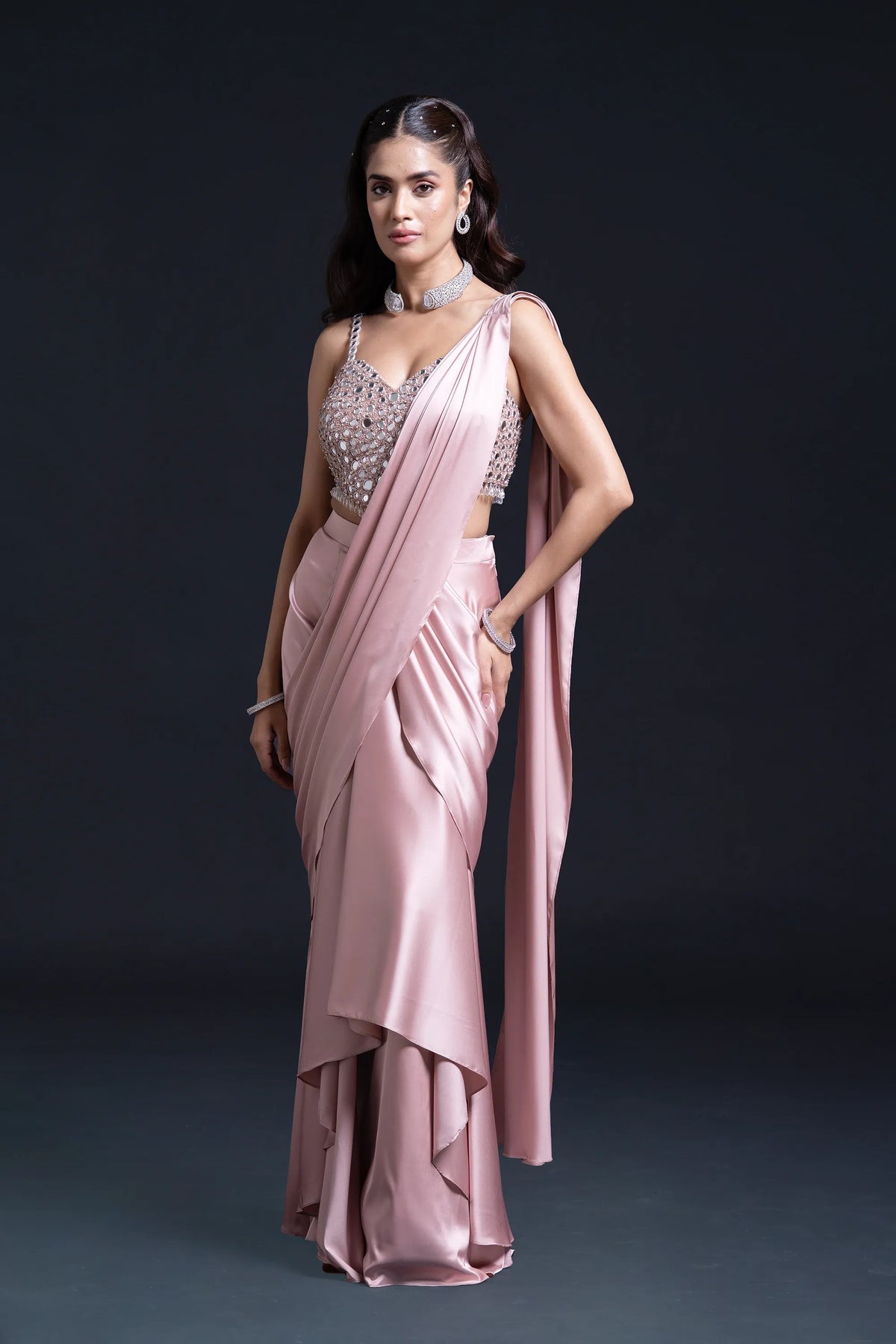 Pink Drape Saree with Mirror Work and Pearl Work Embroidery for Indo-Western Occasion Wear by Nidhi Mehra Couture