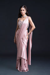 Pink Drape Saree with Mirror Work and Pearl Work Embroidery for Indo-Western Occasion Wear by Nidhi Mehra Couture
