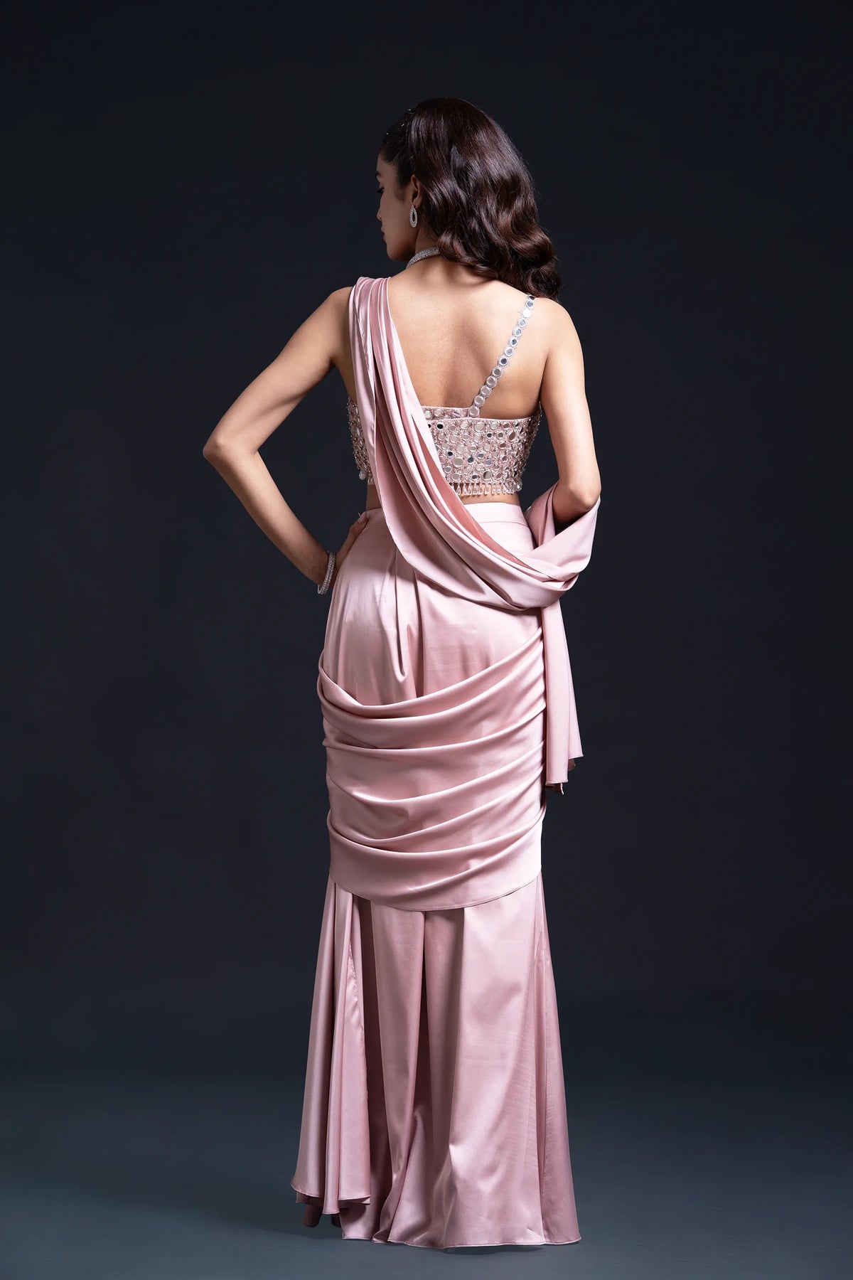 Pink Drape Saree with Mirror Work and Pearl Work Embroidery for Indo-Western Occasion Wear by Nidhi Mehra Couture