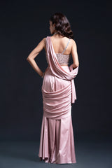 Pink Drape Saree with Mirror Work and Pearl Work Embroidery for Indo-Western Occasion Wear by Nidhi Mehra Couture