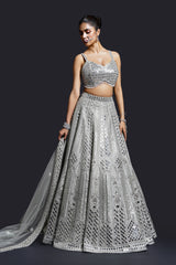 Sage green lehenga with crystal and sequin detailing