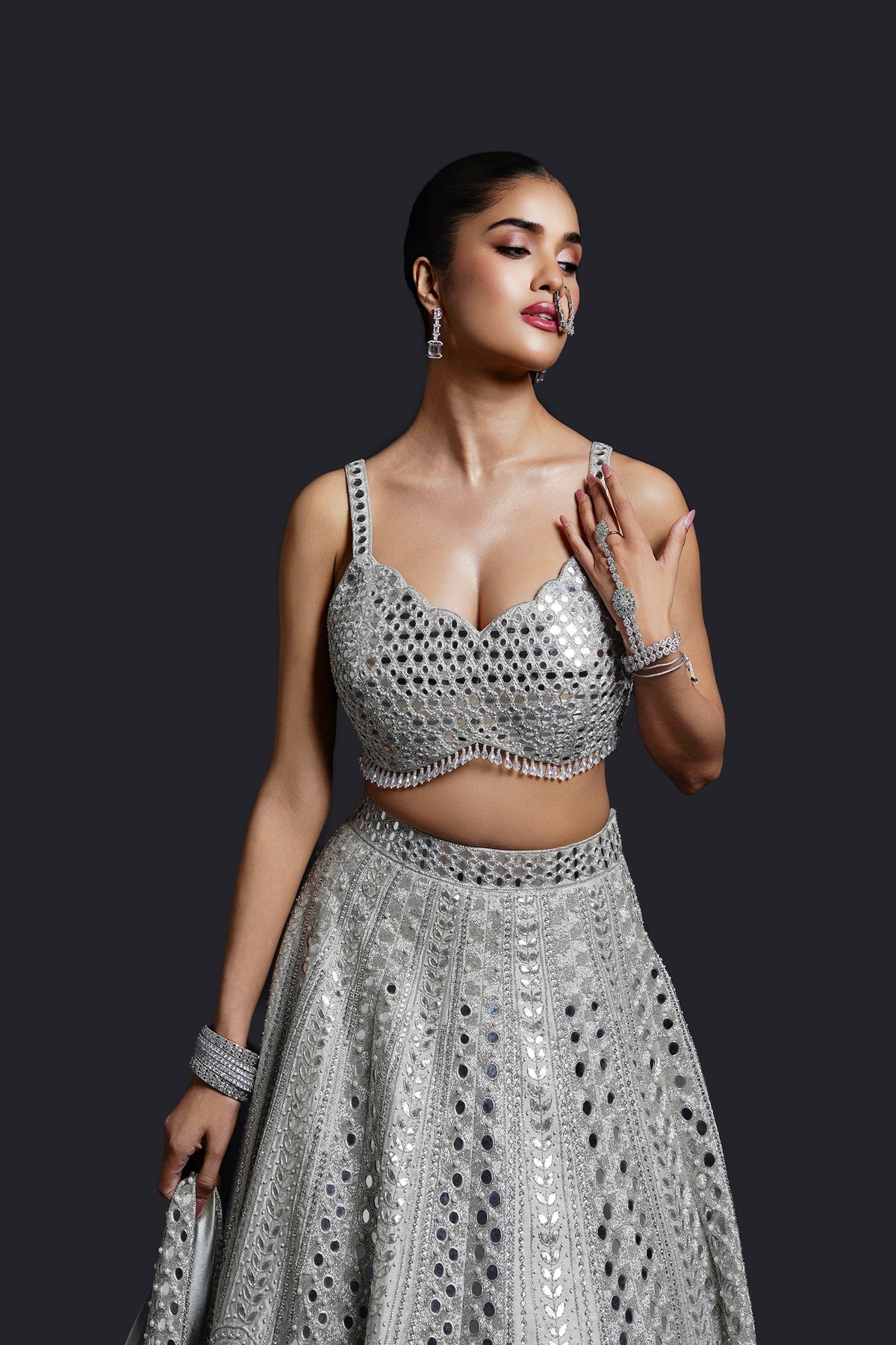 Sage green bridal lehenga three piece set by Nidhi Mehra