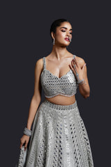 Sage green bridal lehenga three piece set by Nidhi Mehra