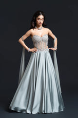 Sage Green Skirt Set with Dabka Embroidery for Indo-Western Occasion Wear by Nidhi Mehra Couture