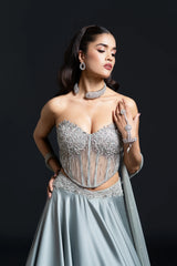 Sage Green Skirt Set with Dabka Embroidery for Indo-Western Occasion Wear by Nidhi Mehra Couture