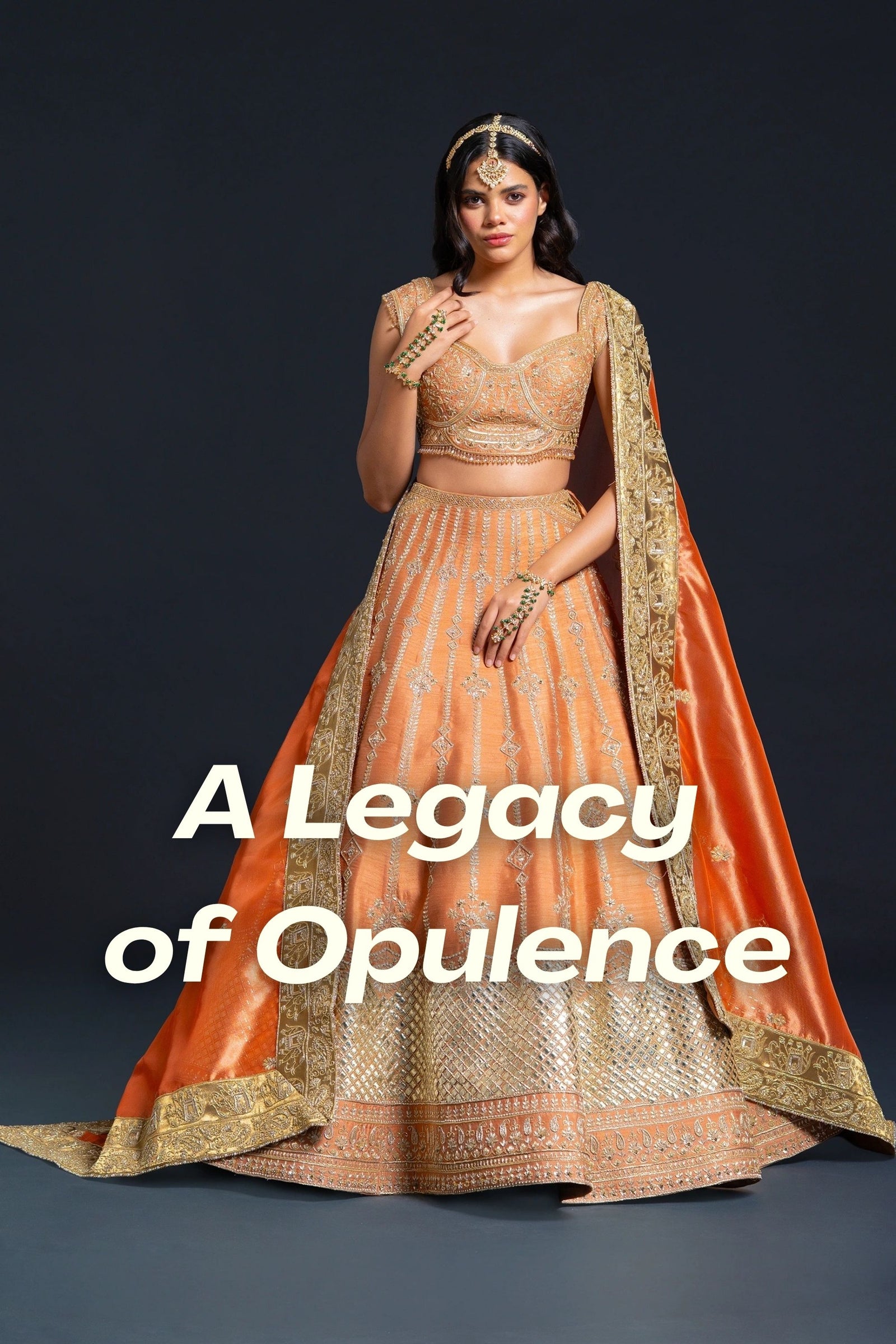 Woman in an ornate traditional outfit with 'A Legacy of Opulence' text on a dark background