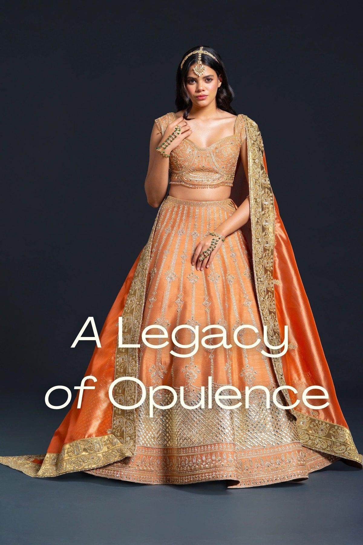 Woman in an ornate orange and gold traditional outfit with 'A Legacy of Opulence' text